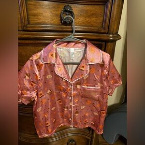 Pink Fall Themed Satin Pajama Top & Shorts